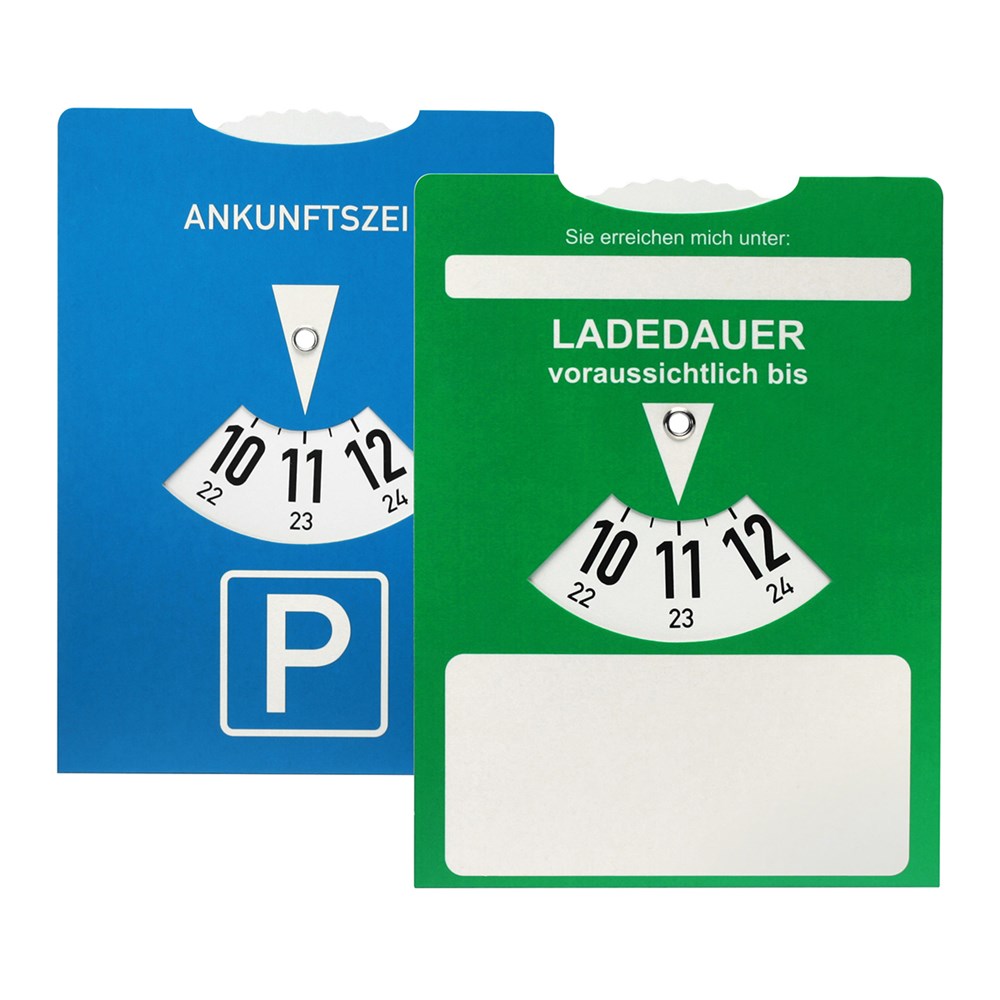 Kartonparkscheibe mit Ladedaueranzeige für E-Autos Kartonparkscheibe mit Ladedaueranzeige für E-Autos